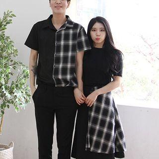 Couple Matching Plaid Panel Shirt / Set: Short-sleeve Top + A-line Midi Skirt