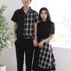 Couple Matching Plaid Panel Shirt / Set: Short-sleeve Top + A-line Midi Skirt