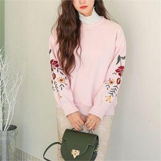Pintuck-cuff Flower-embroidered Sweatshirt