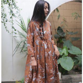 Long-sleeve  Frog-buttoned Midi Floral Dress