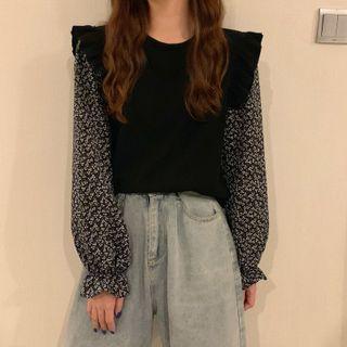 Mock Two-piece Ruffle Floral Long-sleeve Top