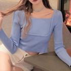 Long-sleeve Mock Two-piece Knit Top Blue - One Size