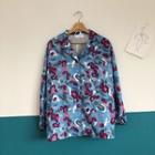 Floral Chiffon Long-sleeve Blouse Blue - One Size