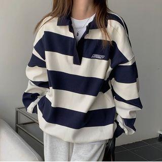 Lapel Striped Long-sleeve Sweatshirt Blue & White - One Size