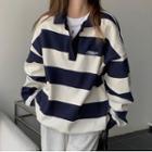 Lapel Striped Long-sleeve Sweatshirt Blue & White - One Size