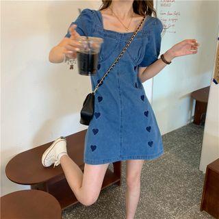 Short-sleeve Denim Heart Embroidered Mini Dress