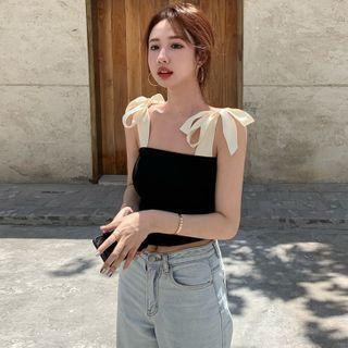 Ribbon-strap Colorblock Crop Top Black - One Size