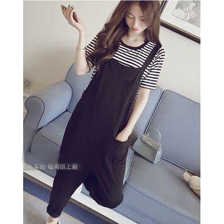 Set: Striped Short Sleeve T-shirt + Plain Pinafore Jumpsuit