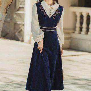 Mock Two-piece Puff-sleeve Floral Embroidered Dress