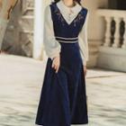 Mock Two-piece Puff-sleeve Floral Embroidered Dress