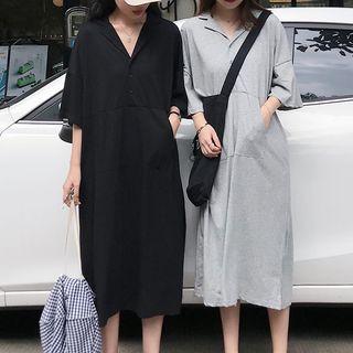 Lettering Elbow-sleeve Lapel Collar T-shirt Dress