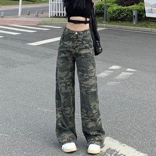 Mid Rise Camo Print Wide Leg Jeans