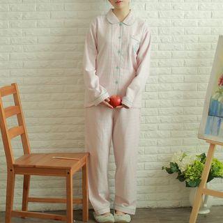 Loungewear Set: Embroidered Plaid Long-sleeve Top + Pants