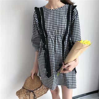 Check Lace Trim 3/4 Sleeve A-line Dress