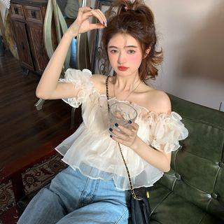Puff-sleeve Off-shoulder Ruffle Top Off-white - One Size