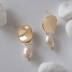 Concave Accent Pearl Drop Earrings 1 Pair - 925 Silver Needle - One Size