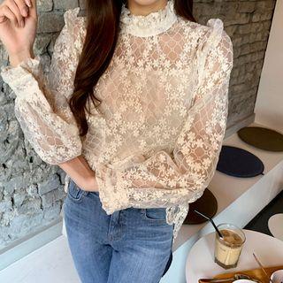 Frill-trim Scallop-hem Lace Top Ivory - One Size
