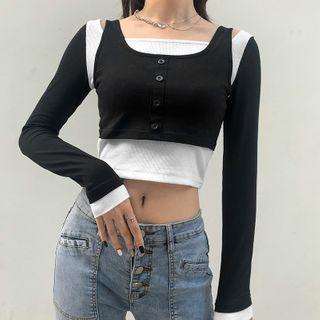 Cold-shoulder Layered Cropped T-shirt