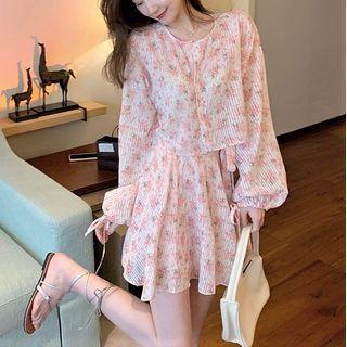 Set: Balloon-sleeve Floral Print Blouse + Mini A-line Skirt