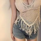 Tasseled Halter-neck Pointelle Top