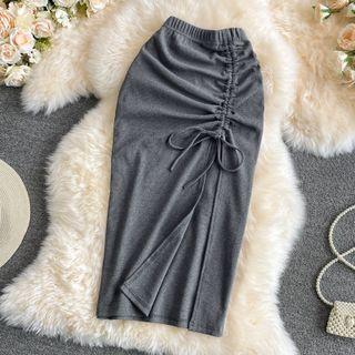 Plain Drawstring Slit Pencil Skirt