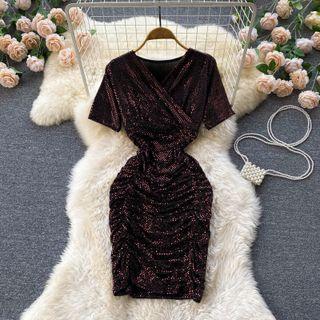 V-neck Sequin Ruched Long-sleeve Dress