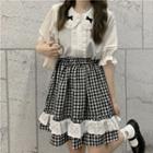 Short-sleeve Ruffle Trim Shirt / Plaid A-line Skirt