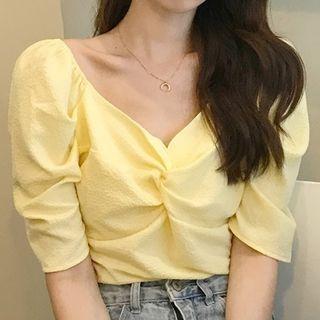 Puff-sleeve Twist Cropped Blouse