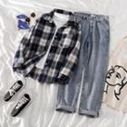 Plaid Long-sleeve Loose-fit Shirt / Frayed Jeans