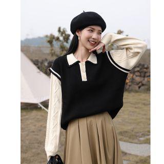 Two Tone Knit Polo Shirt Black - One Size