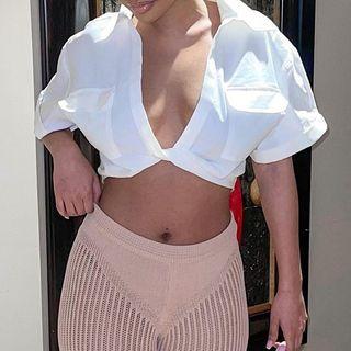 Elbow-sleeve Twisted Crop Shirt