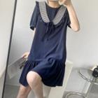 Short-sleeve Collared Dress Dark Blue - One Size