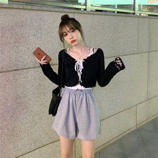 Two Tone Ruffle Drawstring Blouse
