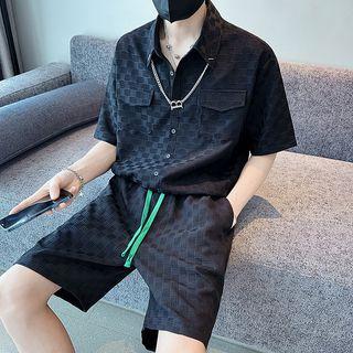Set: Short-sleeve Chain Detail Shirt + Drawstring Shorts