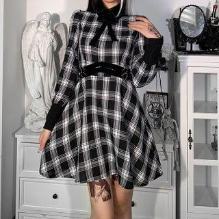 Long-sleeve Bow Plaid Mini A-line Dress