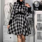 Long-sleeve Bow Plaid Mini A-line Dress