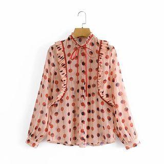Long-sleeve Dotted Ruffle Trim Blouse