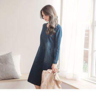 V-neck Washed Denim Dress