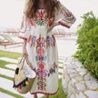 Gathered-waist Elbow-sleeve Floral Embroidered Sheath Dress