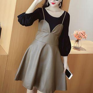 Set: Plain 3/4 Sleeve Blouse + Spaghetti Strap Dress