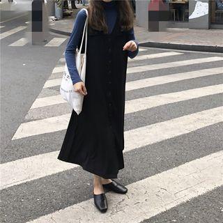 Long-sleeve Turtleneck T-shirt / Buttoned Midi Jumper Dress