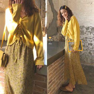 Drawstring V-neck Knit Top / Floral Maxi Skirt