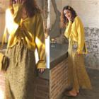Drawstring V-neck Knit Top / Floral Maxi Skirt
