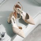 Faux Suede Block Heel Ankle Strap Pointed Pumps