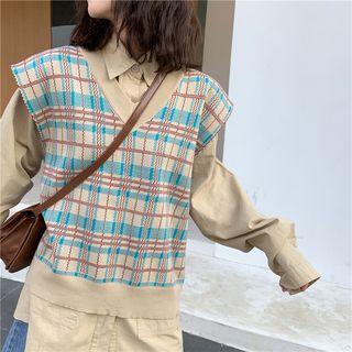 Plaid V-neck Knit Vest As Figure - One Size