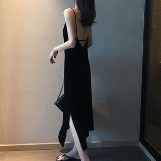 Spaghetti-strap Open-back Maxi A-line Dress Black - One Size