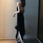 Spaghetti-strap Open-back Maxi A-line Dress Black - One Size