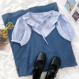 Short-sleeve Frill Trim Top / Denim A-line Overall Dress