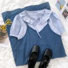 Short-sleeve Frill Trim Top / Denim A-line Overall Dress