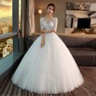 Embroidered Elbow-sleeve Wedding Ball Gown
